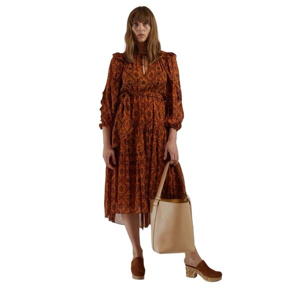 ULLA JOHNSON Aliya Silk Ruffled Long Sleeve Midi Dress Ochre - Picture 1 of 14